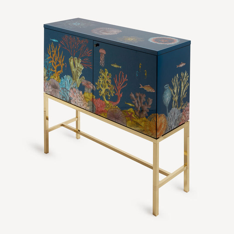 Long raised sideboard Fondo marino colour brass base