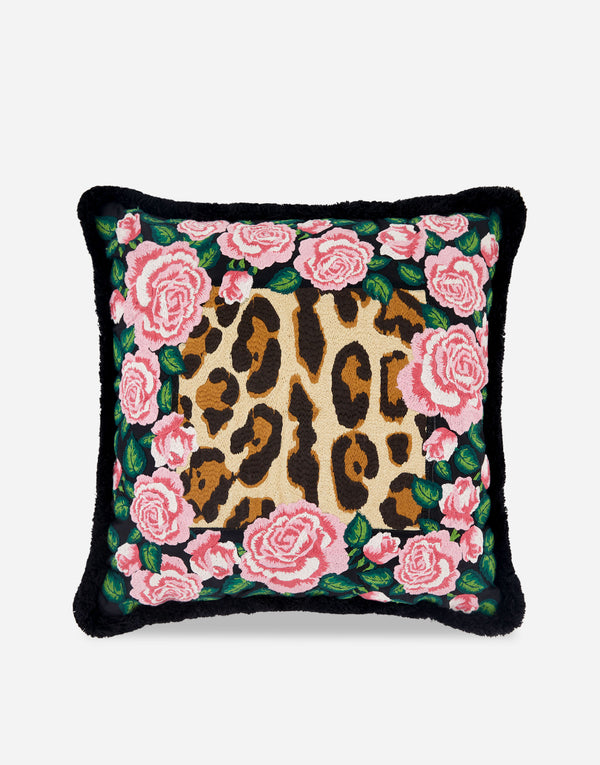 Medium Embroidered Rose Pink Leopard Cushion