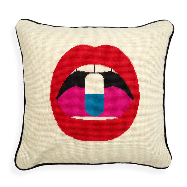 US LIPS FULL DOSE NEEDLEPOINT THROW PILLOW MULTI